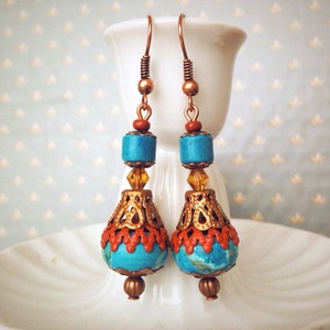 Cercei vintage drop cercei albastri atarnatori cu pietre semipretioase cercei din cupru rosii handmade cercei magnezit, Bijuterii, Cercei, Cercei drop, Confecționarea bijuteriilor, ARTYNOS
