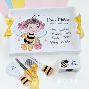 Set prima aniversare fetita albinuta tava mot personalizata pictata manual - Artynos.ro