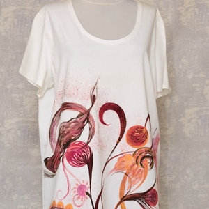  Tricou alb cu pictură florală, unicat, Imbracaminte si moda, Haine dama, Tricou si top de dama, Pictura, ARTYNOS